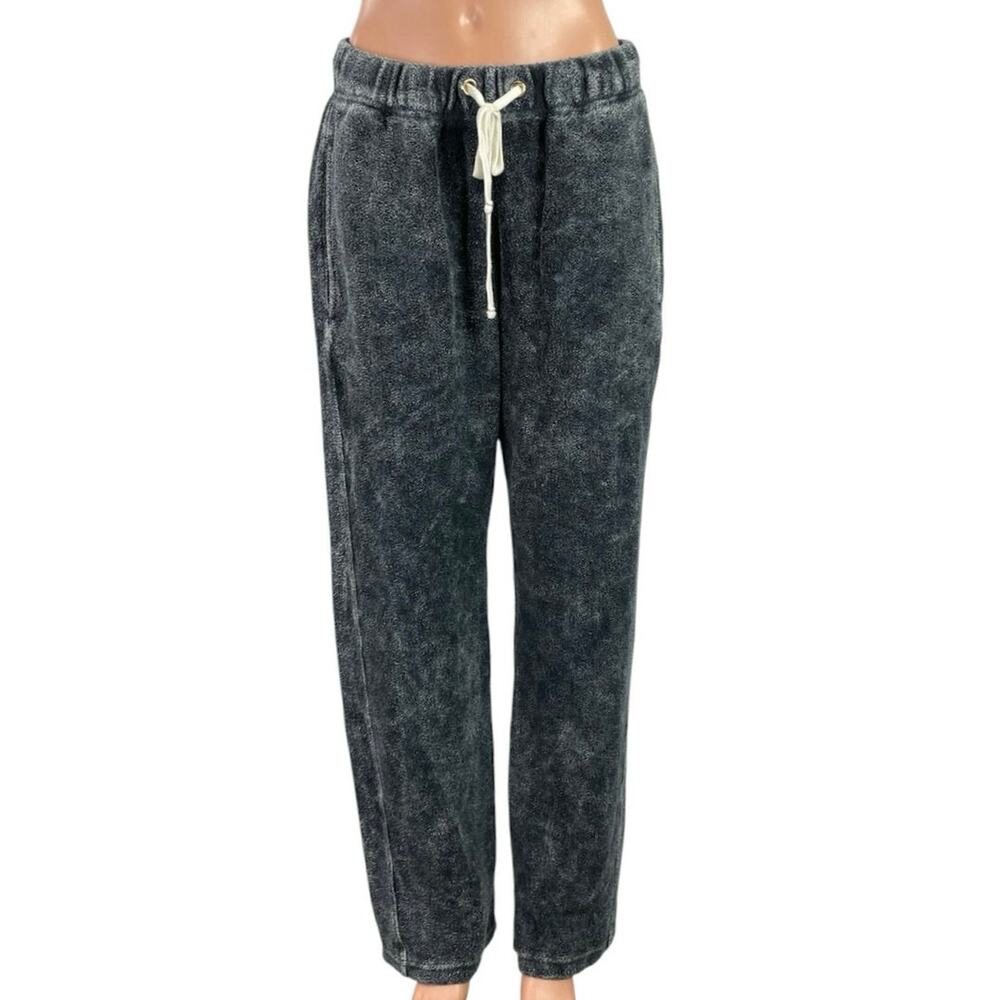 Les Tien Women's Black Gray Fleece Drawstring Wide Leg Lounge Sweat Pants Size M